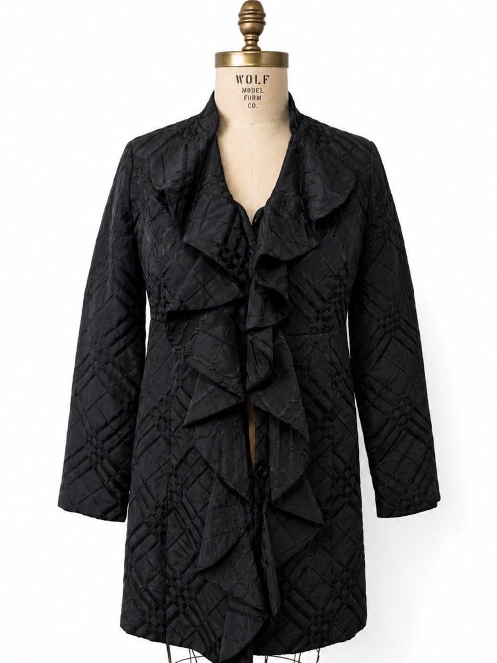 Tabitha Black Quilted Ruffle-Front Trench Coat
